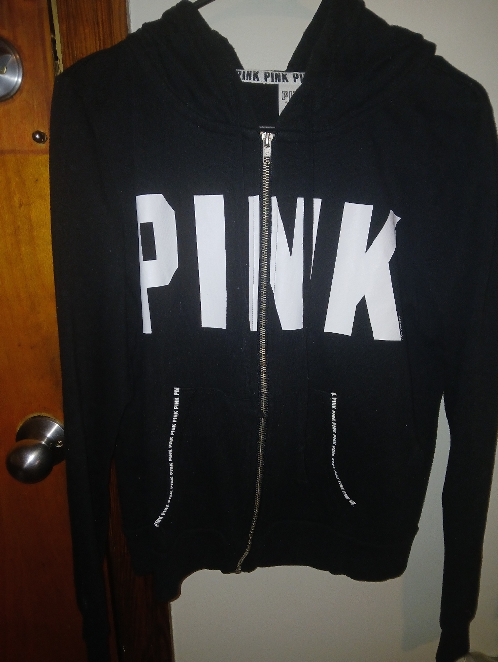 SOLD! PINK Victoria's Secret Black Zip-Up Hoodie with White Logo.